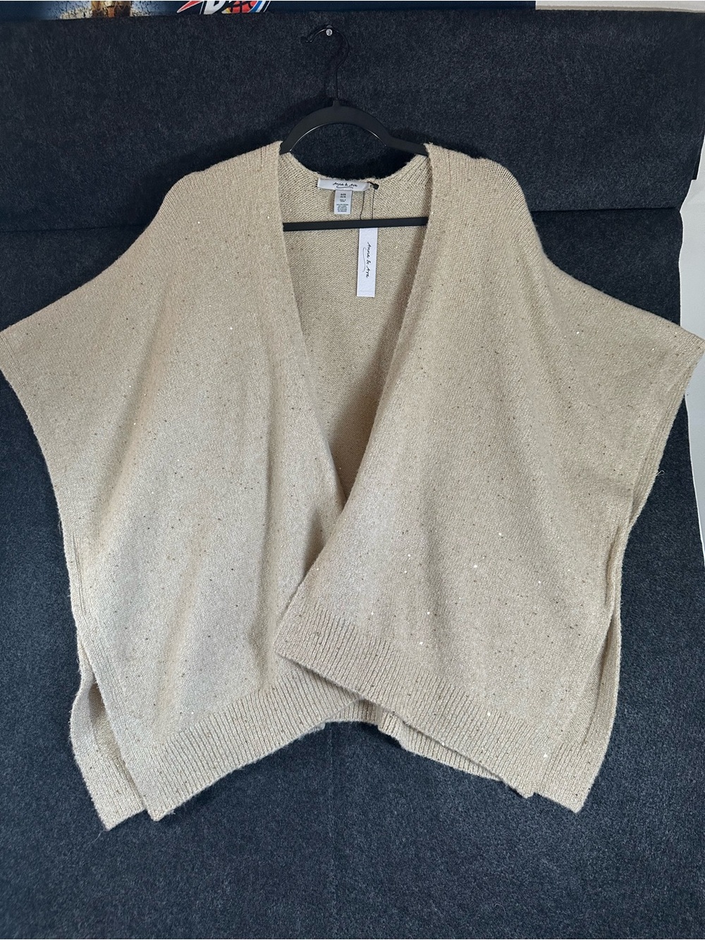 Ann & Ava Women's Poncho Cape Sweater Tan Sequined One Size Knit Top